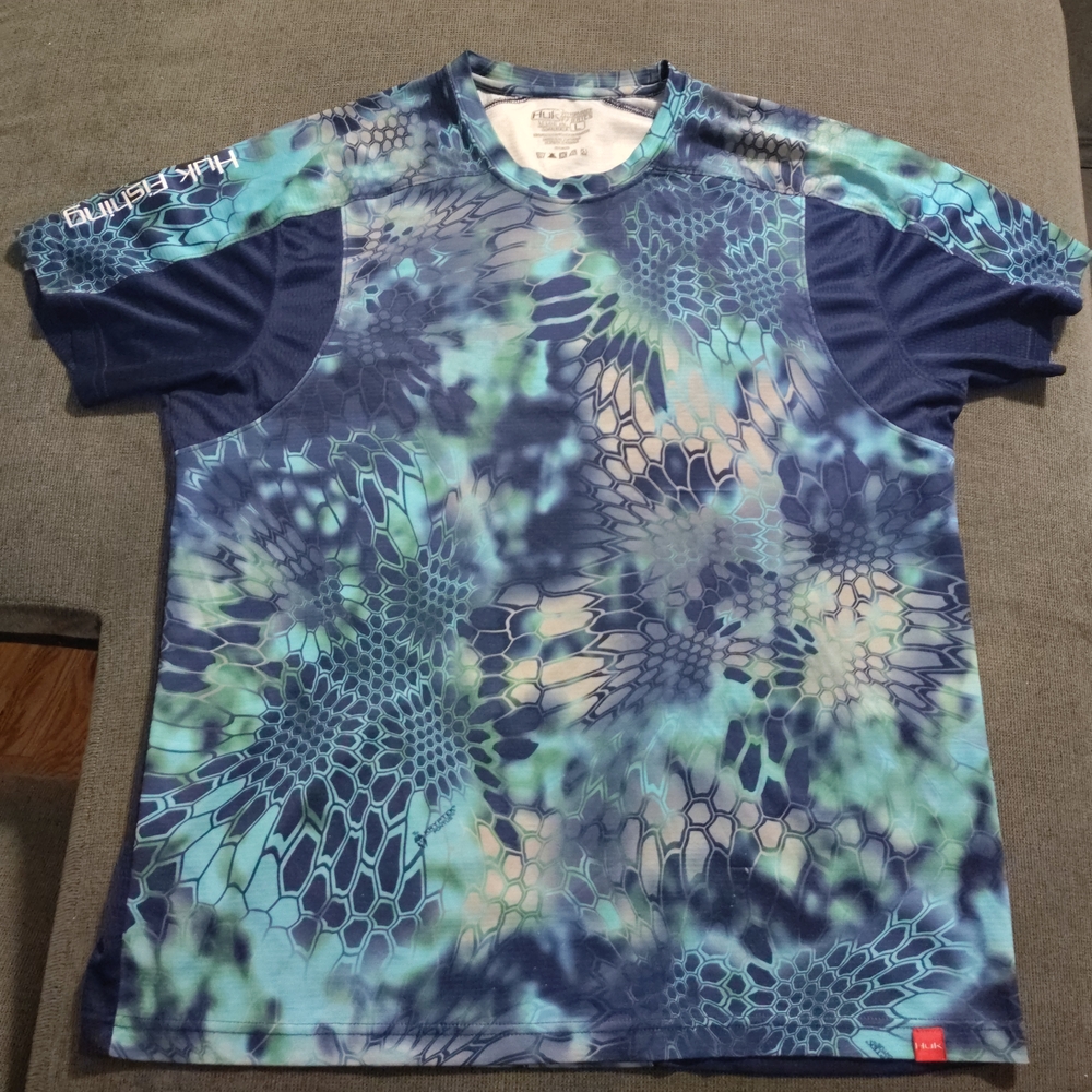 Huk Kryptek Camo Fishing Shirt Large Blue Short Sleeve Performance UPF Outdoor